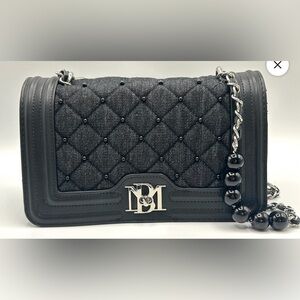 Badgley Mischka Black Denim Diamond Quilted Leather Chain Beaded Crossbody NWT